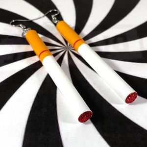 Campy pop art cigarette glitter flame earrings handmade OOAK
